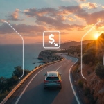 Ege kıyı yolunda gün batımında ilerleyen modern bir araç ve üzerinde yakıt tüketimi ile yol maliyetini gösteren dijital grafik arayüzü.
