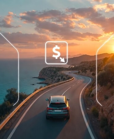 Ege kıyı yolunda gün batımında ilerleyen modern bir araç ve üzerinde yakıt tüketimi ile yol maliyetini gösteren dijital grafik arayüzü.