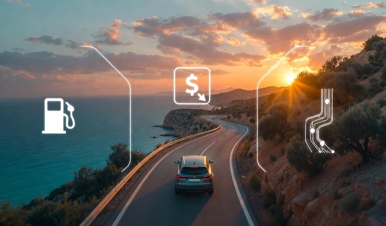 Ege kıyı yolunda gün batımında ilerleyen modern bir araç ve üzerinde yakıt tüketimi ile yol maliyetini gösteren dijital grafik arayüzü.