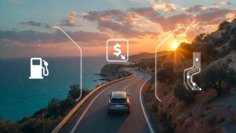 Ege kıyı yolunda gün batımında ilerleyen modern bir araç ve üzerinde yakıt tüketimi ile yol maliyetini gösteren dijital grafik arayüzü.